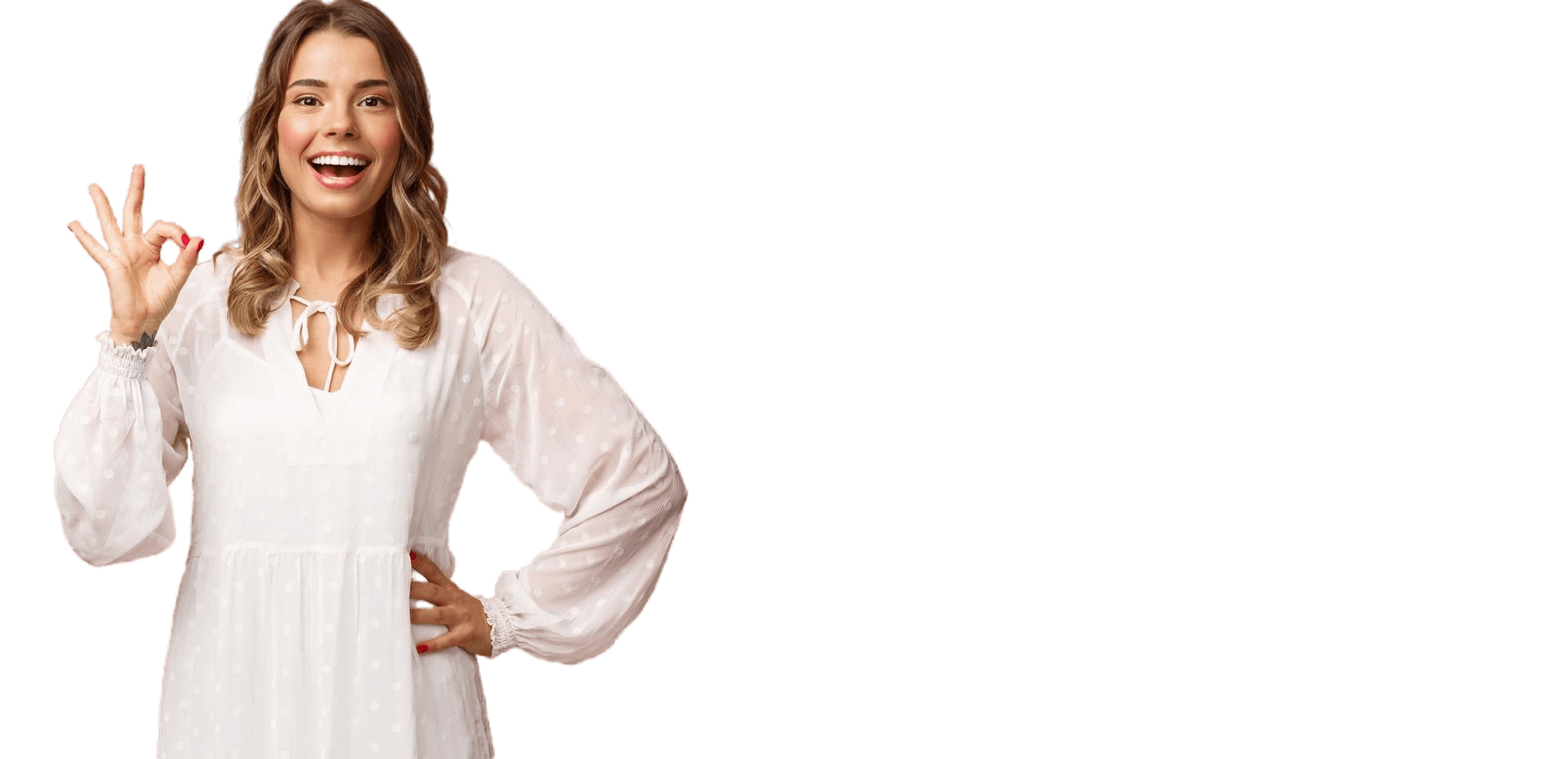 portrait carefree goodlooking blond girl wear white dress guarantee you will like this special sp 1